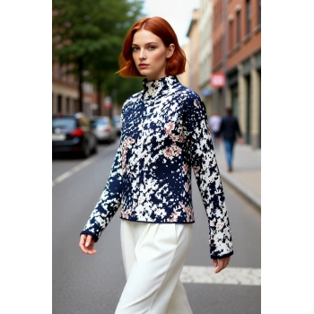 Kadın Oversize Kalıp Dik Yaka Hayvan Desenli Düşük Kollu Akrilik Triko Kazak Kış Modası. Kaliteli