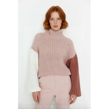 Kadın Oversize Kalıp Dik Yaka Renk Bloklu Balon Kol Triko Kazak Soğuk Havalar İçin Şık Ve Rahat