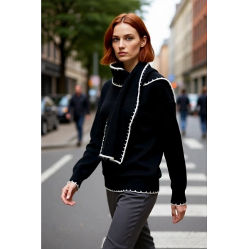 Kadın Oversize Kalıp Dik Yaka Triko Kazak Şal Aksesuarı İle Kış Stilinizi Tamamlayın Kaliteli