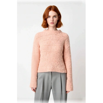 Kadın Oversize Kalıp Dokulu Triko Kazak Düşük Kollu Kalın Kışlık Rahat Bisiklet Yaka Regular Boy