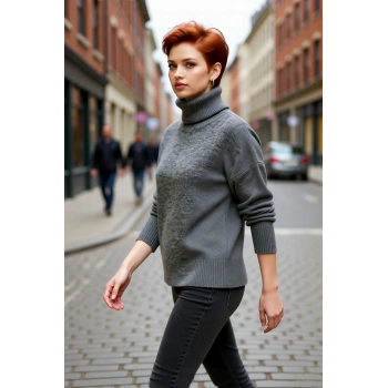 Kadın Oversize Kalıp Düz Balıkçı Yaka Triko Kazak Uzun Düşük Kol Günlük Basic Giyim Şıklığı