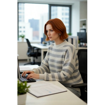 Kadın Oversize Kesim Bej Gri Çizgili Bisiklet Yaka Akrilik Triko Kazak Kışlık Konforu Kaliteli