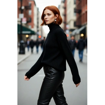 Kadın Oversize Kesim Dik Yaka Fermuar Detaylı Reglan Kol Triko Kazak Kış Kombinlerinin Anahtar