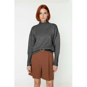 Kadın Oversize Kesim Dik Yaka Reglan Kol Düz Gri Triko Kazak Kışlık Günlük Giyim İçin İdeal Seçim