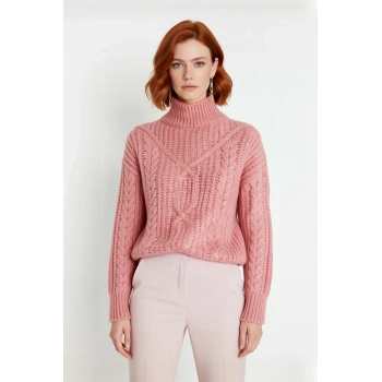 Kadın Oversize Kesim Dik Yaka Saç Örgü Deseni Kalın Akrilik Triko Uzun Kollu Kazak Kaliteli