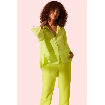 Kadın Oversize Keten Gömlek Basic Siluet Günlük Kullanım Hafta Sonu Yaz Aylarının Vazgeçilmezi