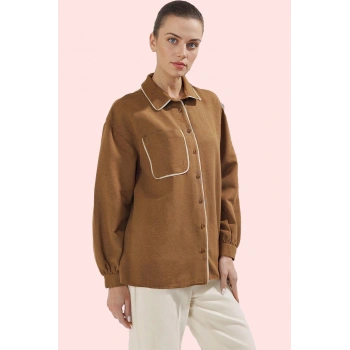 Kadın Oversize Keten Görünümlü Gömlek Uzun Kollu Günlük Stil Hafta Sonu Yaz Aylarının Vazgeçilmezi