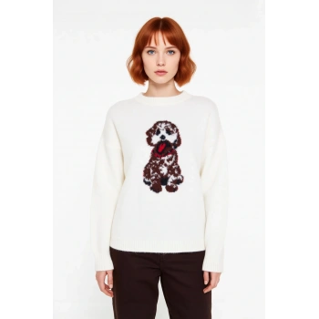 Kadın Oversize Köpek Deseni Bisiklet Yaka Triko Kazak Rahat Şık Kışlık Kombinler İçin İdeal Seçim