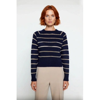 Kadın Oversize Lacivert Simli Çizgili Bisiklet Yaka Reglan Kol Triko Kazak Kış Şıklığı İçin