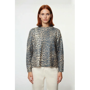 Kadın Oversize Leopar Desenli Bisiklet Yaka Düşük Kollu Akrilik Polyester Triko Kazak Rahat Şıklık