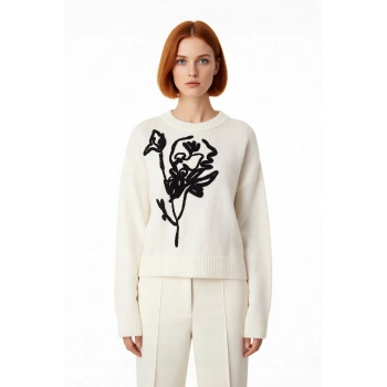 Kadın Oversize Nakışlı İşlemeli Bisiklet Yaka Düşük Kol Triko Kazak Kışlık Soğuk Hava Şıklığı