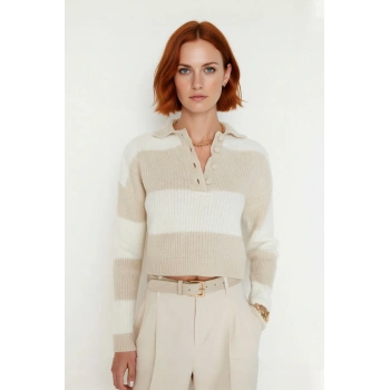 Kadın Oversize Polo Yaka Çizgili Düşük Kol Süper Crop Triko Kazak Kışlık Kombinlerin Gözdesi