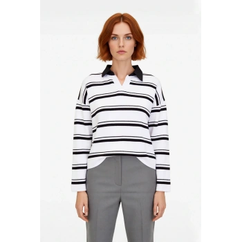 Kadın Oversize Polo Yaka Çizgili Triko Kazak Düşük Kol Rahat Kesim Günlük Şıklık İçin İdeal