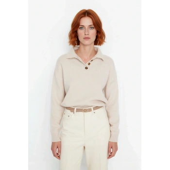 Kadın Oversize Polo Yaka Düşük Kol Basic Triko Kazak Kış Sezonu İçin Konforlu ve Şık Bir Tercih