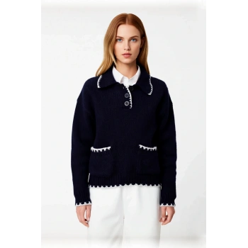 Kadın Oversize Polo Yaka Renk Bloklu Triko Kazak Kışlık Günlük Rahat ve Şık Kombinler İçin İdeal