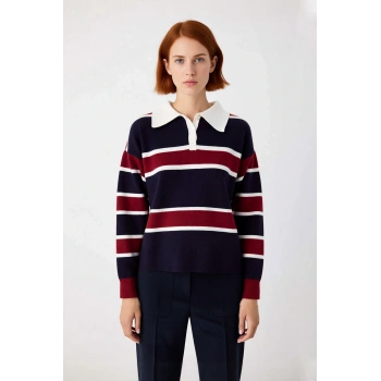 Kadın Oversize Polo Yaka Triko Kazak Renk Bloklu Düşük Kol Rahat Gündelik Kışlık Şıklık Sunar