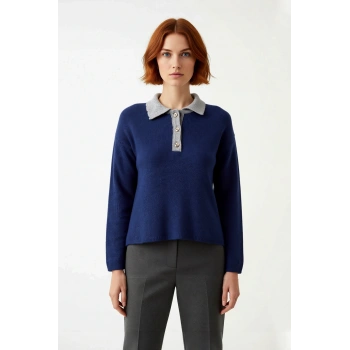 Kadın Oversize Polo Yaka Triko Kazak Renk Bloklu Yumuşak Dokulu Rahat Kışlık Giyim Şıklığı