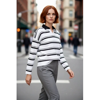 Kadın Oversize Rahat Kesim Çizgili Triko Kazak Polo Yaka Düşük Kol Kışlık Günlük Şıklık Kaliteli
