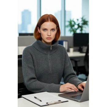 Kadın Oversize Rahat Kesim Crop Fermuarlı Dik Yaka Akrilik Triko Kazak Soğuk Günler İçin İdeal