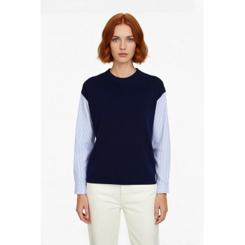 Kadın Oversize Renk Bloklu Bisiklet Yaka Gömlek Detaylı Uzun Kollu Triko Kazak Rahat Modern Şıklık