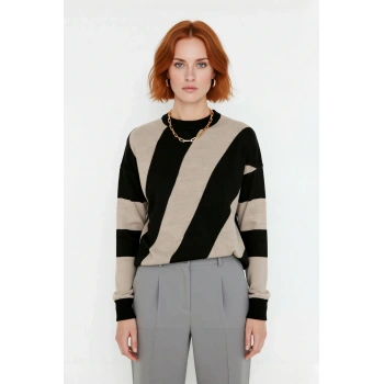 Kadın Oversize Renk Bloklu Bisiklet Yaka Triko Kazak Kış Günleri İçin Sıcak ve Şık Seçim Kaliteli