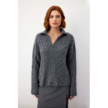 Kadın Oversize Saç Örgü Apaş Yaka Düşük Kol Triko Kazak Kışlık Rahat Ve Şık Kombinler İçin İdeal