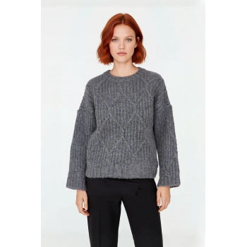 Kadın Oversize Saç Örgü Detaylı Kalın Triko Kazak Kışlık Rahat Bisiklet Yaka Standart Kol Kaliteli