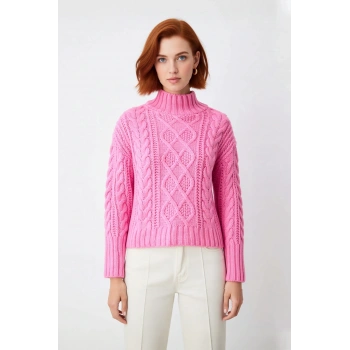 Kadın Oversize Saç Örgü Dik Yaka Akrilik Triko Kazak Uzun Düşük Kollu Günlük Şıklık Sunar Kaliteli