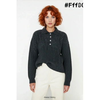 Kadın Oversize Saç Örgü Polo Yaka Triko Kazak Düşük Uzun Kollu Kışlık Rahat Basic Şıklık Kaliteli