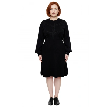 Kadın Oversize Selanik Dokuma Midi Boy Triko Elbise Örgü Detaylı Bisiklet Yaka Uzun Kollu Kış Stili