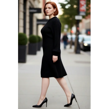 Kadın Oversize Skater Midi Boy Triko Elbise Örgü Detaylı Bisiklet Yaka Uzun Kollu Rahat Kışlık Stil