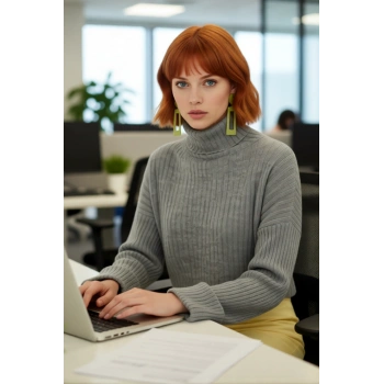 Kadın Oversize Super Crop Balıkçı Yaka Akrilik Triko Kazak Kışlık Günlük Stilinize Yenilik