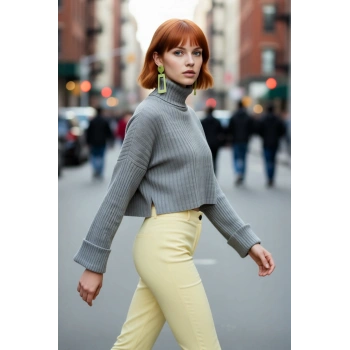 Kadın Oversize Super Crop Balıkçı Yaka Kışlık Triko Kazak Uzun Kollu Rahat Ve Şık Stil Kaliteli