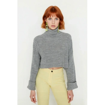 Kadın Oversize Super Crop Balıkçı Yaka Uzun Kollu Akrilik Triko Kazak Kışlık Günlük Şıklık