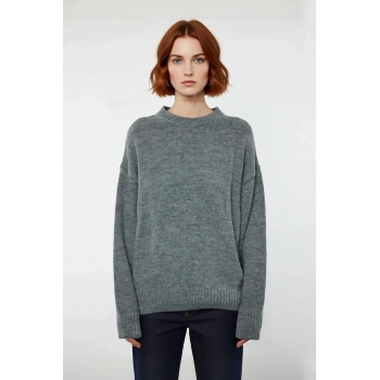 Kadın Oversize Triko Kazak Düşük Kol Bisiklet Yaka Basic Kışlık Günlük Rahat Şık Tasarım Kaliteli