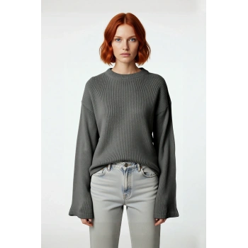 Kadın Oversize Triko Kazak Geniş İspanyol Kol Bisiklet Yaka Düz Dokulu Kışlık Basic Model Kaliteli