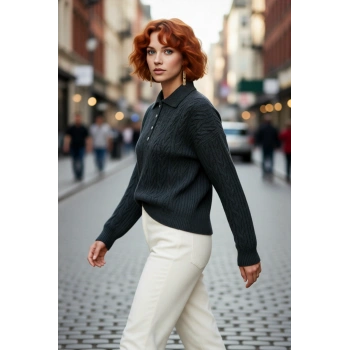 Kadın Oversize Triko Polo Yaka Saç Örgü Düşük Kollu Rahat Kışlık Basic Stil Kazak Kaliteli