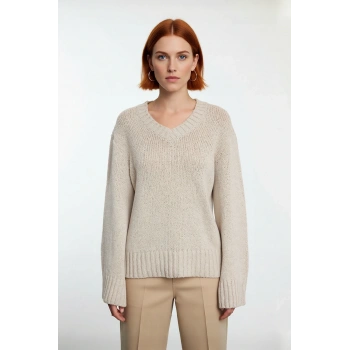 Kadın Oversize V Yaka Basic Triko Kazak Pamuk Polyester Karışımı Uzun Kollu Kışlık Rahat Stili