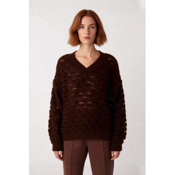 Kadın Oversize V Yaka Simli Ajurlu Triko Kazak Düşük Kol Rahat Günlük Şık Giyim Kombini Kaliteli