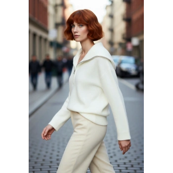 Kadın Oversize Yumuşak Dokulu Triko Kazak Dik Yaka Fermuarlı Düşük Kol Rahat Ramadan Koleksiyonu