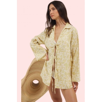 Kadın Pamuk Basic Plaj Gömleği; Rahat Kalıp Çizgili Desen Bağlama Detayı Dayanıklı Malzeme