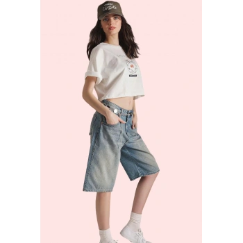 Kadın Pamuk Denim Bermuda Şort Normal Bel Geniş Paça Yazlık Günlük Yaz Aylarının Vazgeçilmezi