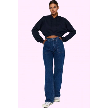 Kadın Pamuk Denim Jean Pantolon Basic Yüksek Bel Geniş Paça Yaz Aylarının Vazgeçilmezi