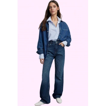 Kadın Pamuk Denim Jean Pantolon Yüksek Bel Geniş Paça Günlük Stil Yaz Aylarının Vazgeçilmezi