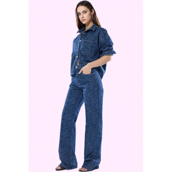 Kadın Pamuk Denim Jean Pantolon Yüksek Bel Geniş Paça Zebra Desenli Tüm Sezon Günlük Kullanım