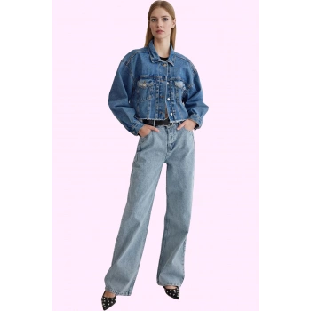 Kadın Pamuk Denim Jean; Yüksek Bel Geniş Paça Regular Boy Günlük Kullanım Kaliteli Malzeme