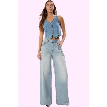 Kadın Pamuk Denim Palazzo Jean Yüksek Bel Geniş Paça Günlük ve Şık Yaz Aylarının Vazgeçilmezi