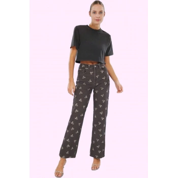 Kadın Pamuk Denim Pantolon Çok Fiyonk Baskılı Yüksek Bel Günlük Yaz Aylarının Vazgeçilmezi