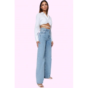 Kadın Pamuk Denim Wide Leg Jean Yüksek Bel Rahat Günlük Stil Hafta Sonu Yaz Aylarının Vazgeçilmezi