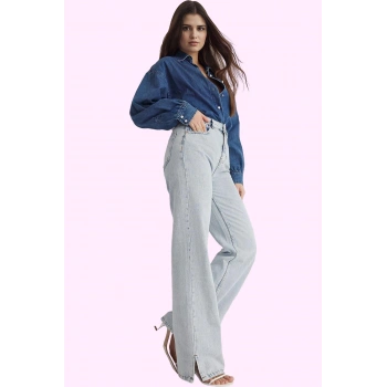 Kadın Pamuk Denim Yüksek Bel Wide Leg Pantolon Casual Stil Günlük Kullanım Kaliteli Malzeme